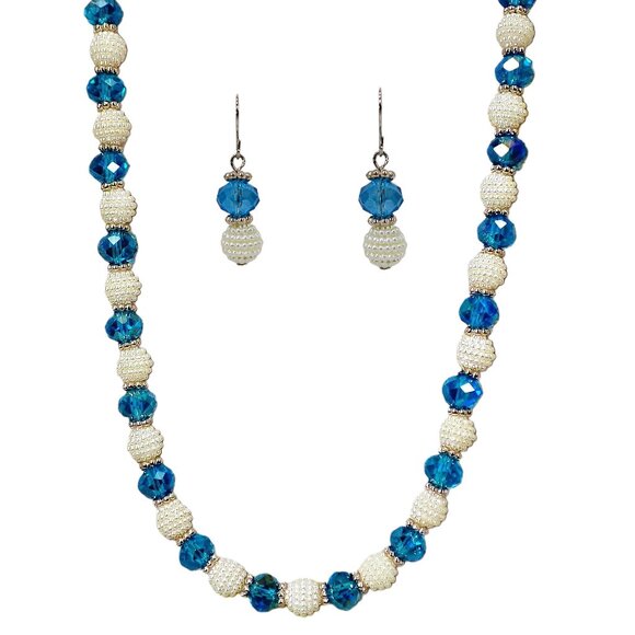 Blue glass and white round bead necklace an earring set with silver spacer beads - Picture 1 of 15